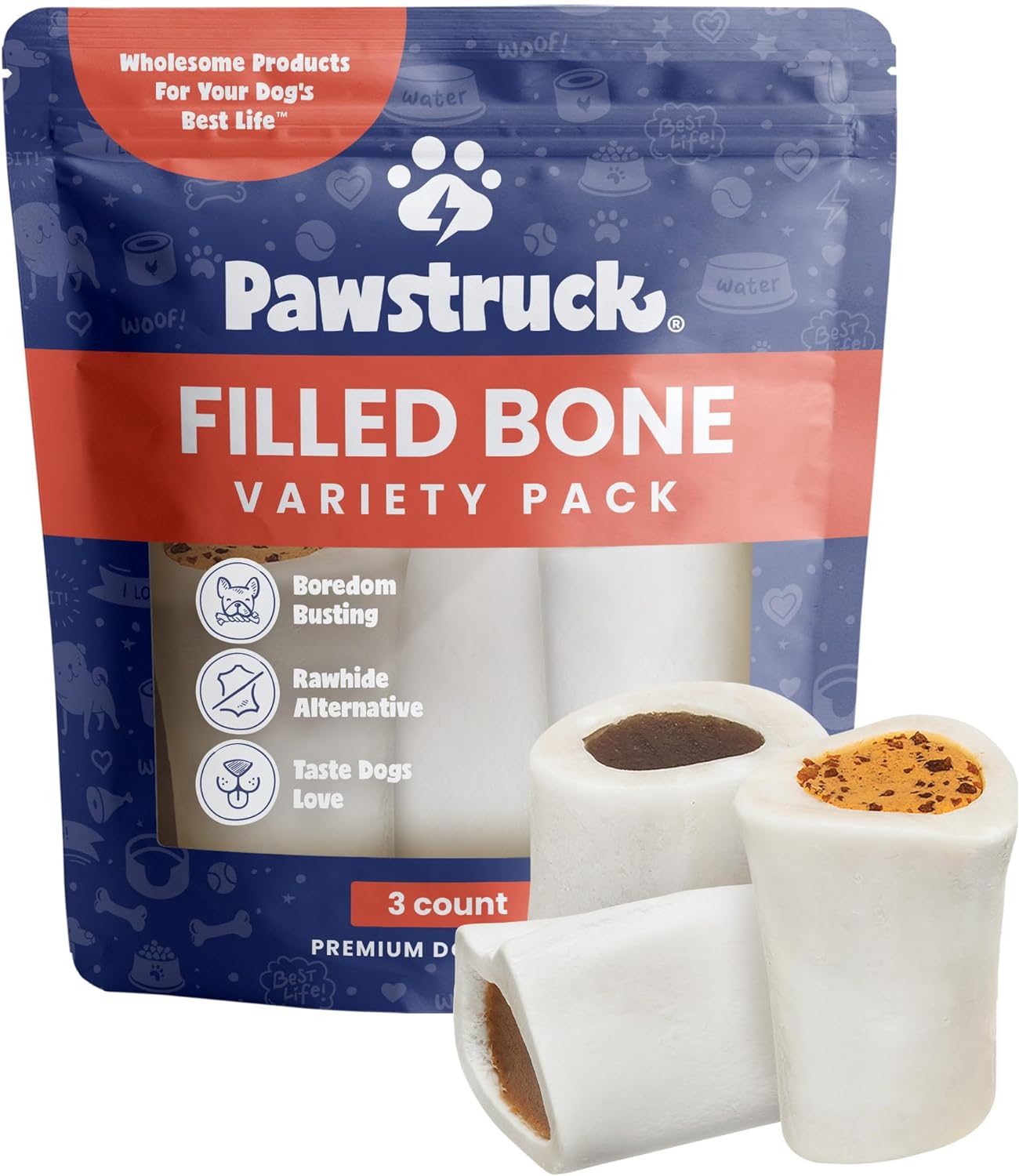 Pawstruck Small 3” Filled Dog Bones Variety Pack - Peanut Butter, Cheese & Bacon, Beef Flavors - Made in USA Long Lasting Stuffed Femur Treat for Aggressive Chewers - Pack of 3 - Packaging May Vary