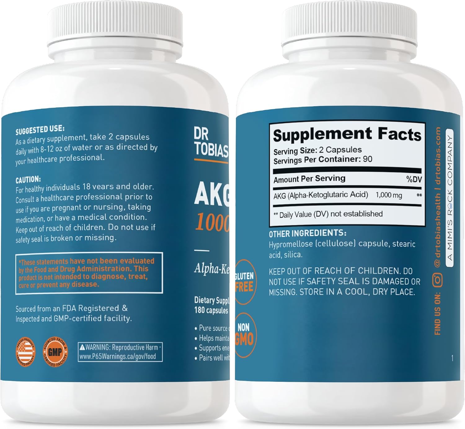 Dr. Tobias AKG Supplement 1000mg Per Serving, Bioavailable Alpha Ketoglutaric Acid, Supports Cellular Energy & Nitric Oxide Flow, Vegan, Gluten-Free, Non-GMO, 180 Capsules, 90 Servings : Health & Household