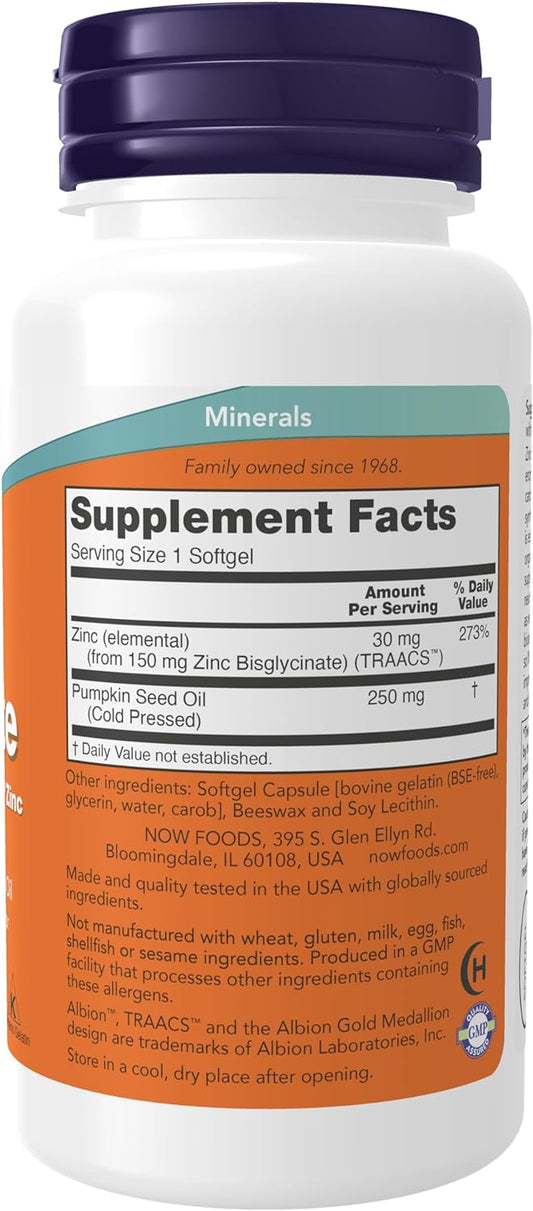 NOW Supplements, Zinc Glycinate with 250 mg Pumpkin Seed Oil, Supports