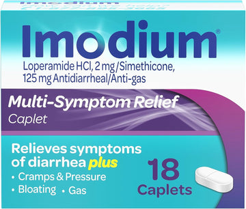 Imodium Multi-Symptom Relief Caplets With Loperamide Hydrochloride And Simethicone, Anti-Diarrheal Medicine For Treatment Of Diarrhea, Gas, Bloating, Cramps & Pressure, 18 Ct