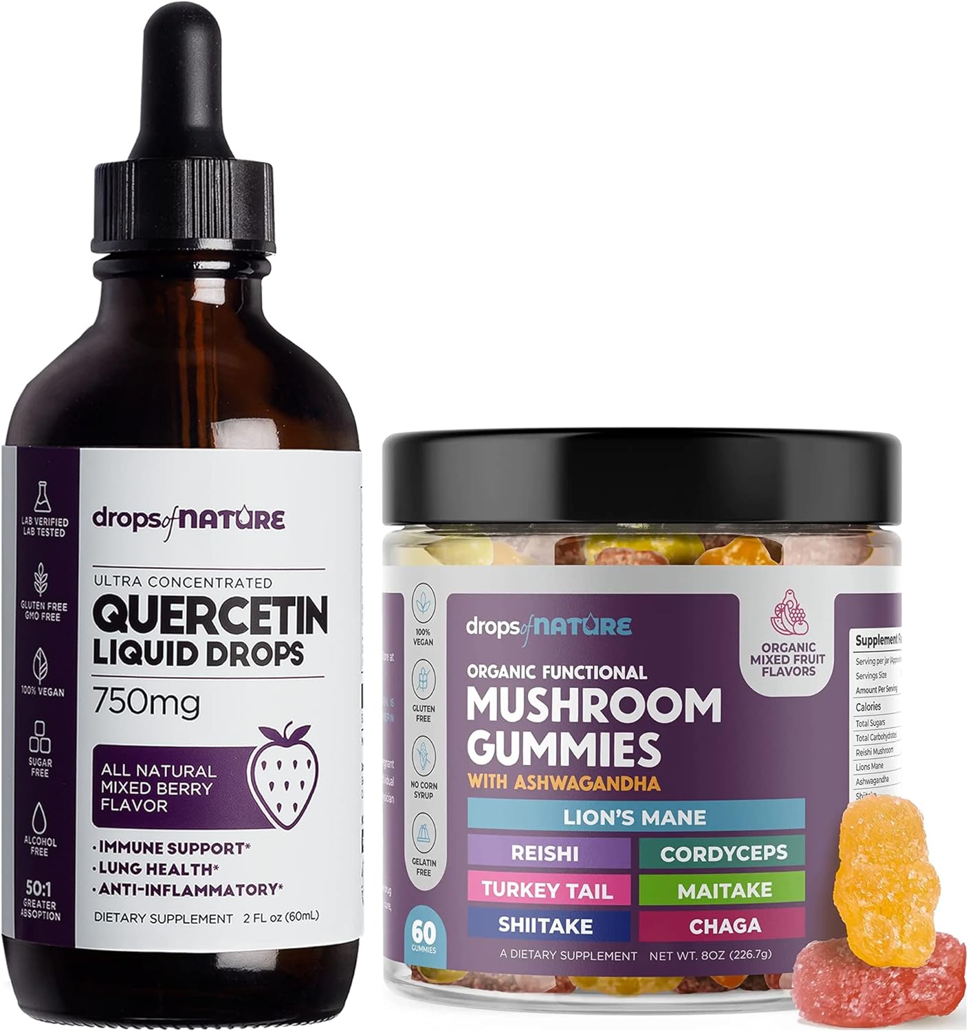 Drops Of Nature Quercetin Liquid Drops 750mg | Lions Mane Mushroom Gummies 60 Bears | Bundle