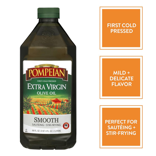 Pompeian Smooth Extra Virgin Olive Oil, First Cold Pressed, Mild And Delicate Flavor, Perfect For Sauteing & Stir-Frying, 68 Fl Oz