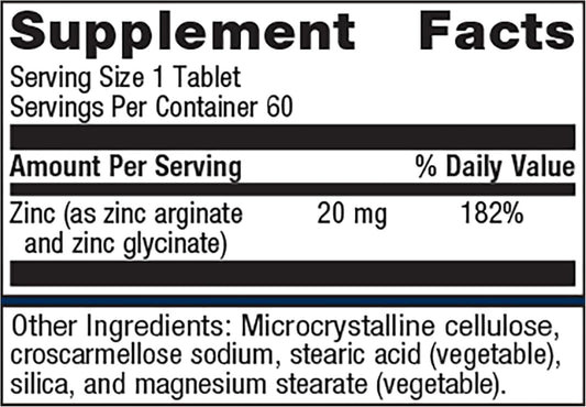 Metagenics Zinc A.G. - Highly Absorbable - 20 Mg Zinc - For Immune Support, Bone Health & Energy Metabolism* - Zinc Arginate & Zinc Glycinate - Non-Gmo & Gluten-Free - 60 Tablets