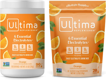 Ultima Replenisher Electrolyte Drink Mix Bundle – Orange, 90 Serving Canister & 20 Stickpacks – 6 Electrolytes & Minerals – Keto Friendly, Vegan, Non-Gmo & Sugar-Free Electrolyte Powder