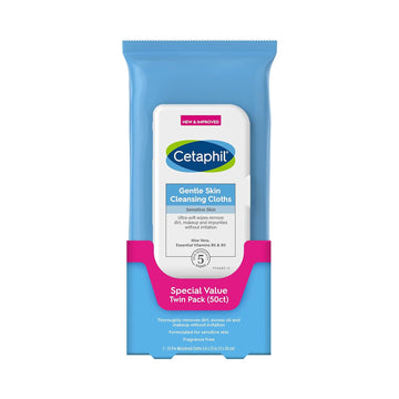 Cetaphil Face And Body Wipes, Gentle Skin Cleansing Cloths, 50 Count, Twin Pack, For Dry, Sensitive Skin, Flip Top Closure, Great For The Gym,Travel, In The Car, Hypoallergenic, Fragrance Free