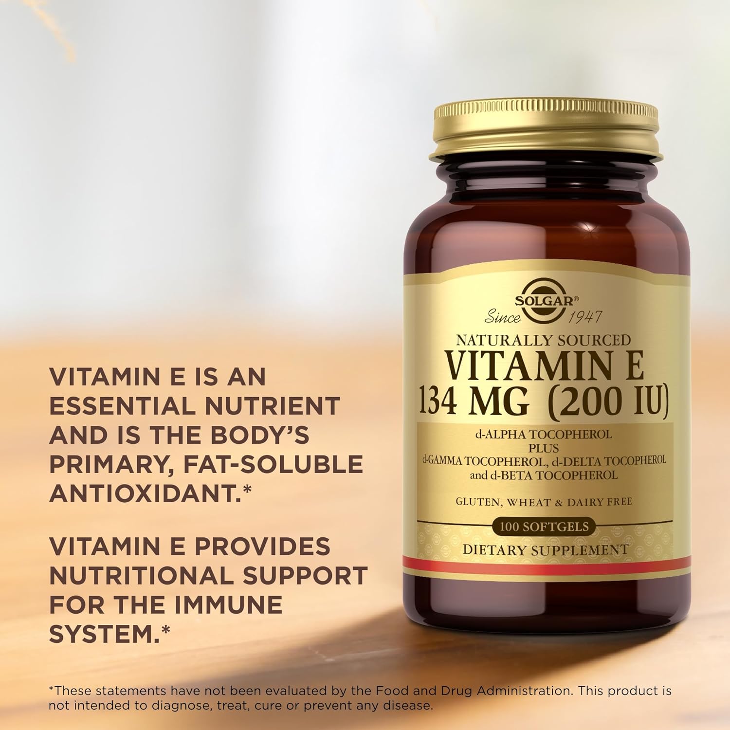 SOLGAR Vitamin E 200 IU - 100 Softgels - Natural Antioxidant, Immune System Support - Gluten Free, Dairy Free - 100 Servings : Health & Household