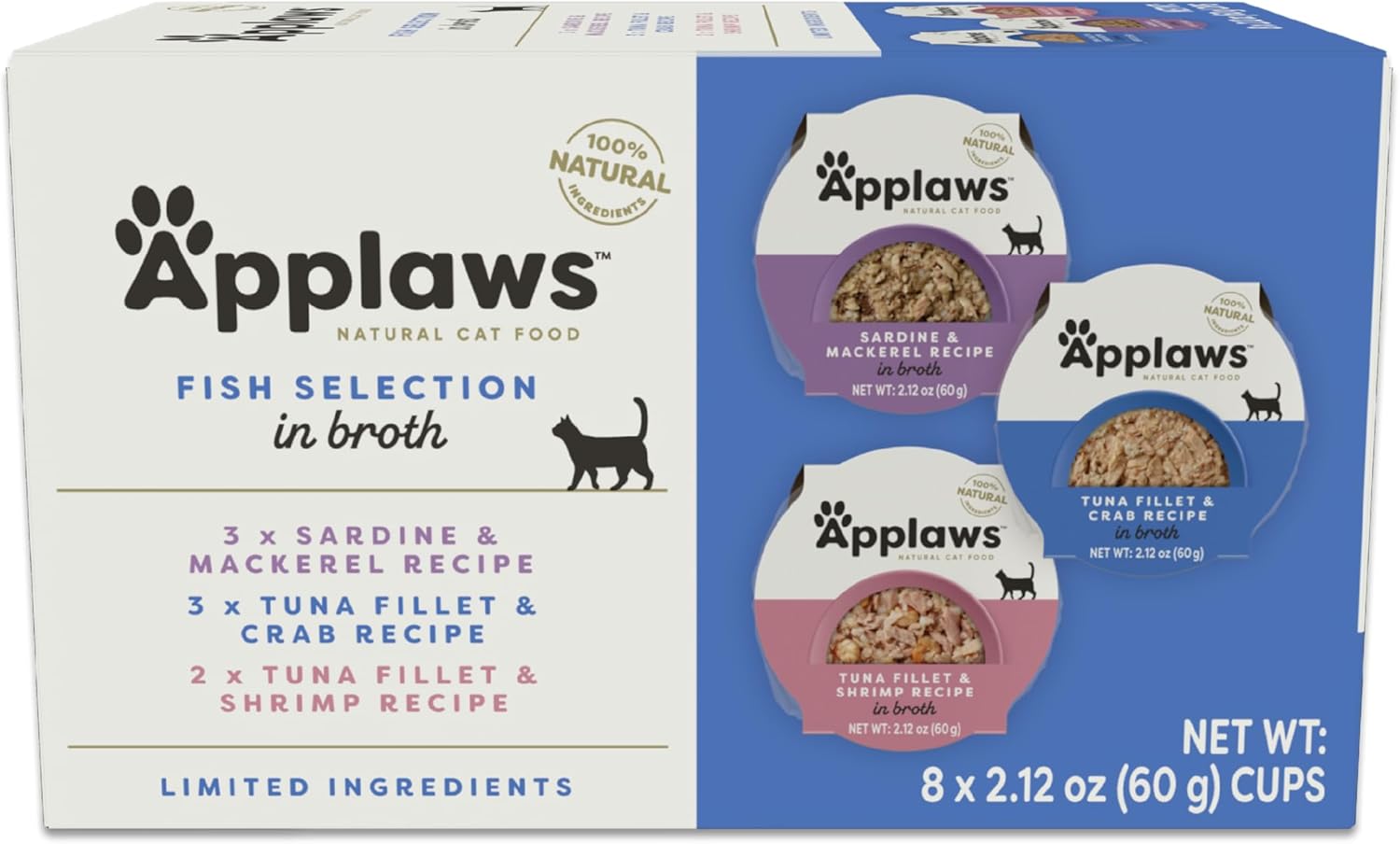 Applaws Natural Wet Cat Food, 8 Count, Limited Ingredient Cat Food Pots, Fish Variety Count In Broth, 2.12Oz Pots