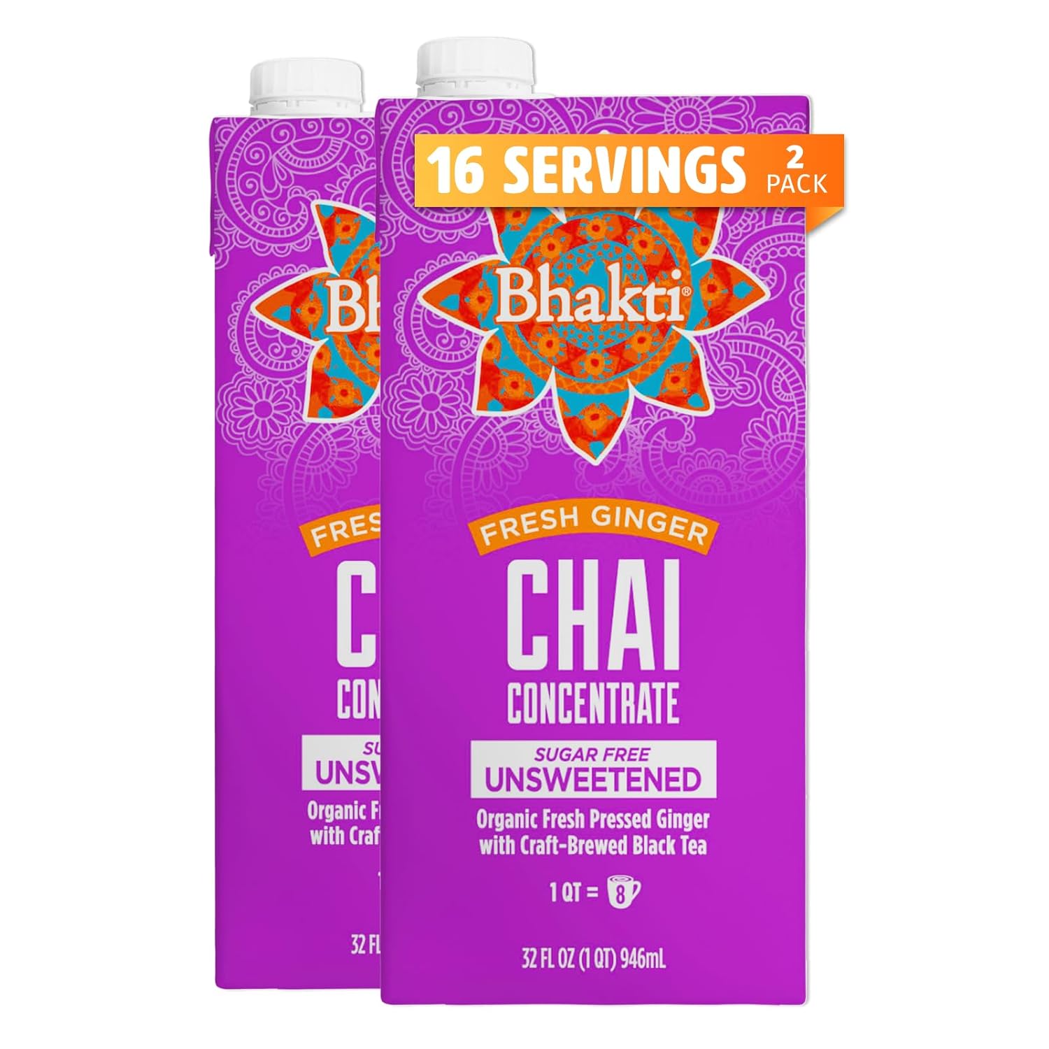 Bhakti Chai Tea Concentrate | Sugar-Free, Fresh Ginger, Organic Black Tea, Spiced, Dairy-Free, Vegan, (Pack Of 2)