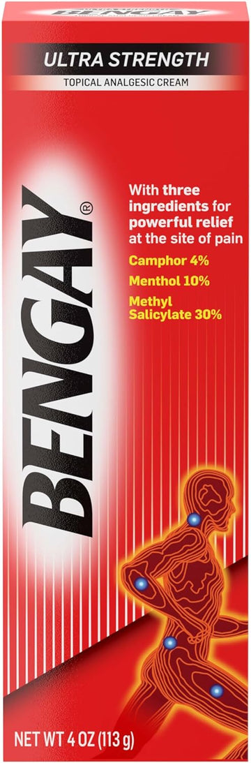 Bengay Ultra Strength Topical Pain Relief Cream, Non-Greasy Topical Analgesic For Minor Arthritis, Muscle, Joint And Back Pain, Camphor, Menthol And Methyl Salicylate, 4 Oz