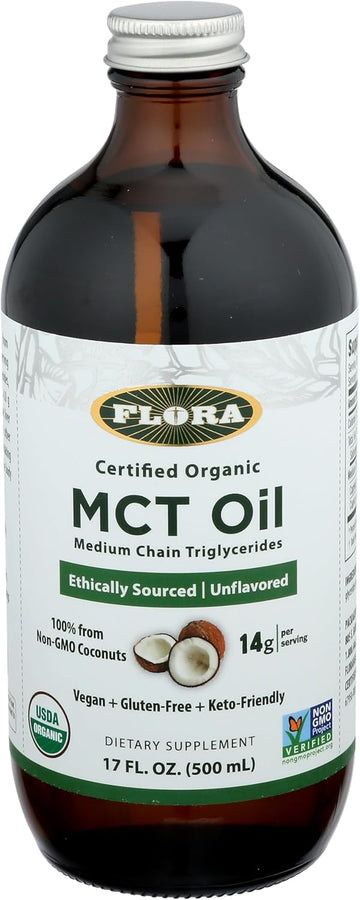 Flora Health Mct Oil Organic Energy Boost, C8 Caprylic & C10 Capric Acids, Keto, Kosher, Non-Gmo Verified, 100% From Ethically And Sustainably Sourced Coconuts, 17 Fl Oz Liquid, Glass Bottle