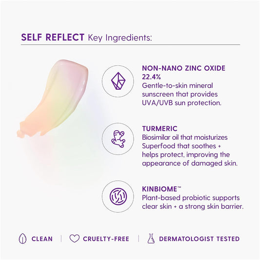 Kinship Self Reflect Probiotic Moisturizing Sunscreen SPF 32 | For Face & Body | Sheer Zinc Oxide Sunblock | Lightweight 100% Mineral SPF | For All Skin Types | Clean & Reef Safe | Vegan (3.5 Oz)