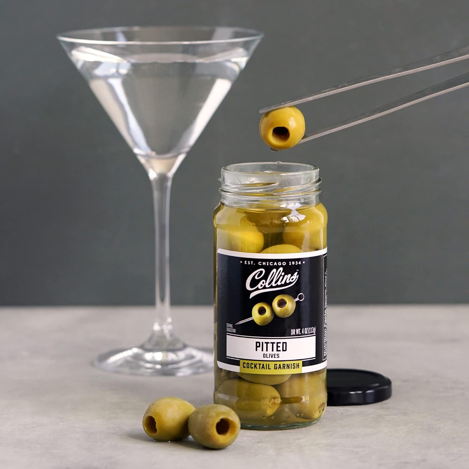 Collins Pitted Olives Popular Garnish for Cocktails, Dirty Martinis, Salads, Cheese Trays, Charcuterie, Snacks, 4oz, Black: Home & Kitchen