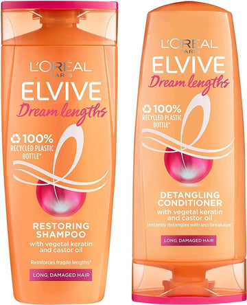 L'Oréal Elvive Dream Lengths Shampoo 250Ml & Conditioner 200Ml Set For Long Hair, Nourishing Repair With Castor Oil & Vitamins For Damaged Ends, Smooth & Strong Hair
