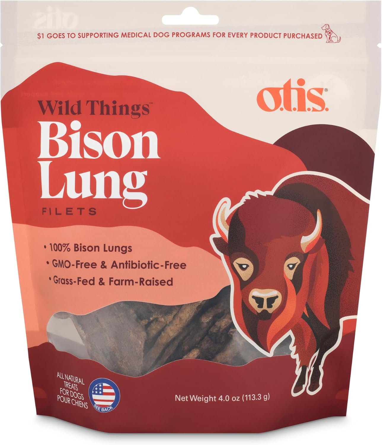 Otis Bison Lung Filets For Dogs | Protein Packed, Pasture-Raised, Grass-Fed Bison Dog Treats Healthy Dog Treats - Wild Things | 4 Ounce Bag