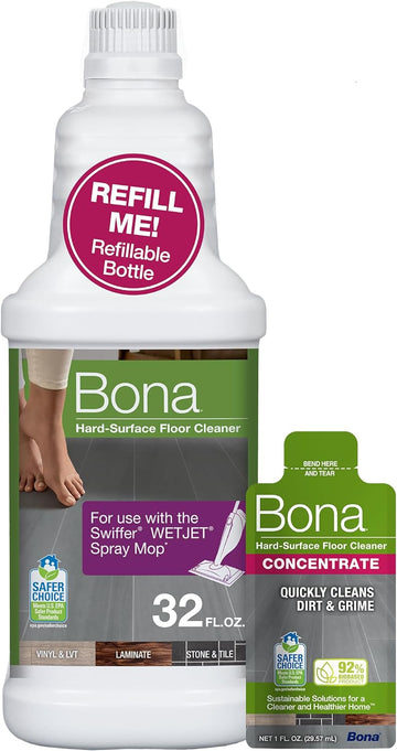 Bona Multi-Surface Floor Cleaner Bottle for use with Swiffer WETJET Spray Mop, Stone Tile Laminate and Vinyl LVT/LVP, makes 64 Fl Oz - Includes Filled Bottle + Concentrate Refill