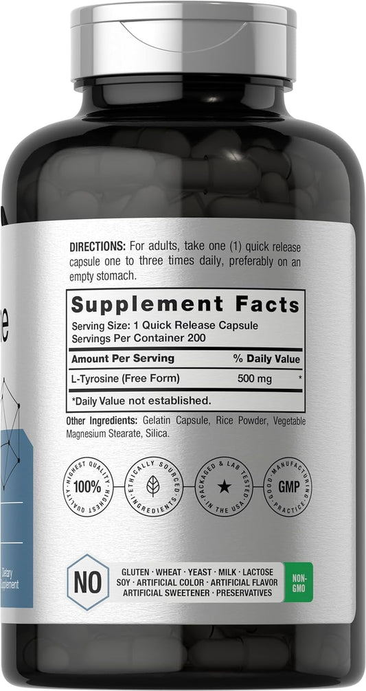 Horbäach L Tyrosine 500mg Capsules | 200 Count | Non GMO, Gluten Free Supplement