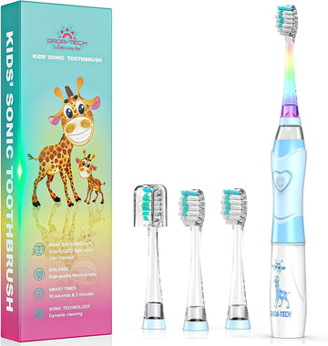 DADA-TECH Kids Electric Toothbrush Toddler Sonic Battery Powered Rainbow Light Up Vibrating Tooth Brush with 2 Minutes Timer for Children Boys Girls Ages 2+ Years Old, 4 Soft Brush Heads (Blue)