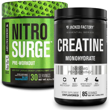 Nitrosurge Pre-Workout & Creatine Monohydrate - Pre Workout Powder With Creatine For Muscle Growth, Increased Strength, Endless Energy, Intense Pumps - Blue Raspberry Preworkout & Unflavored Creatine