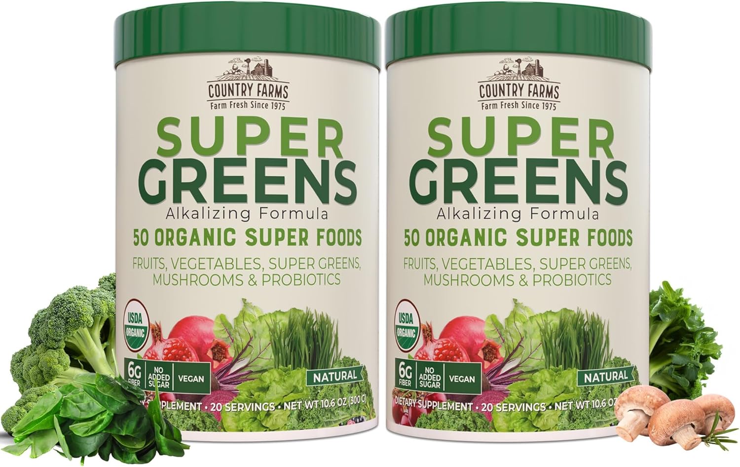 Country Farms Super Greens Natural Flavor, 50 Organic Super Foods, Usda Organic Drink Mix, Fruits, Vegetables, Super Greens, Mushrooms & Probiotics, Supports Energy, 40 Servings, 10.6 Oz, 2 Pack