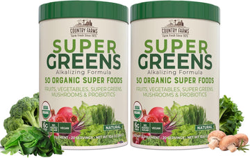 Country Farms Super Greens Natural Flavor, 50 Organic Super Foods, Usda Organic Drink Mix, Fruits, Vegetables, Super Greens, Mushrooms & Probiotics, Supports Energy, 40 Servings, 10.6 Oz, 2 Pack