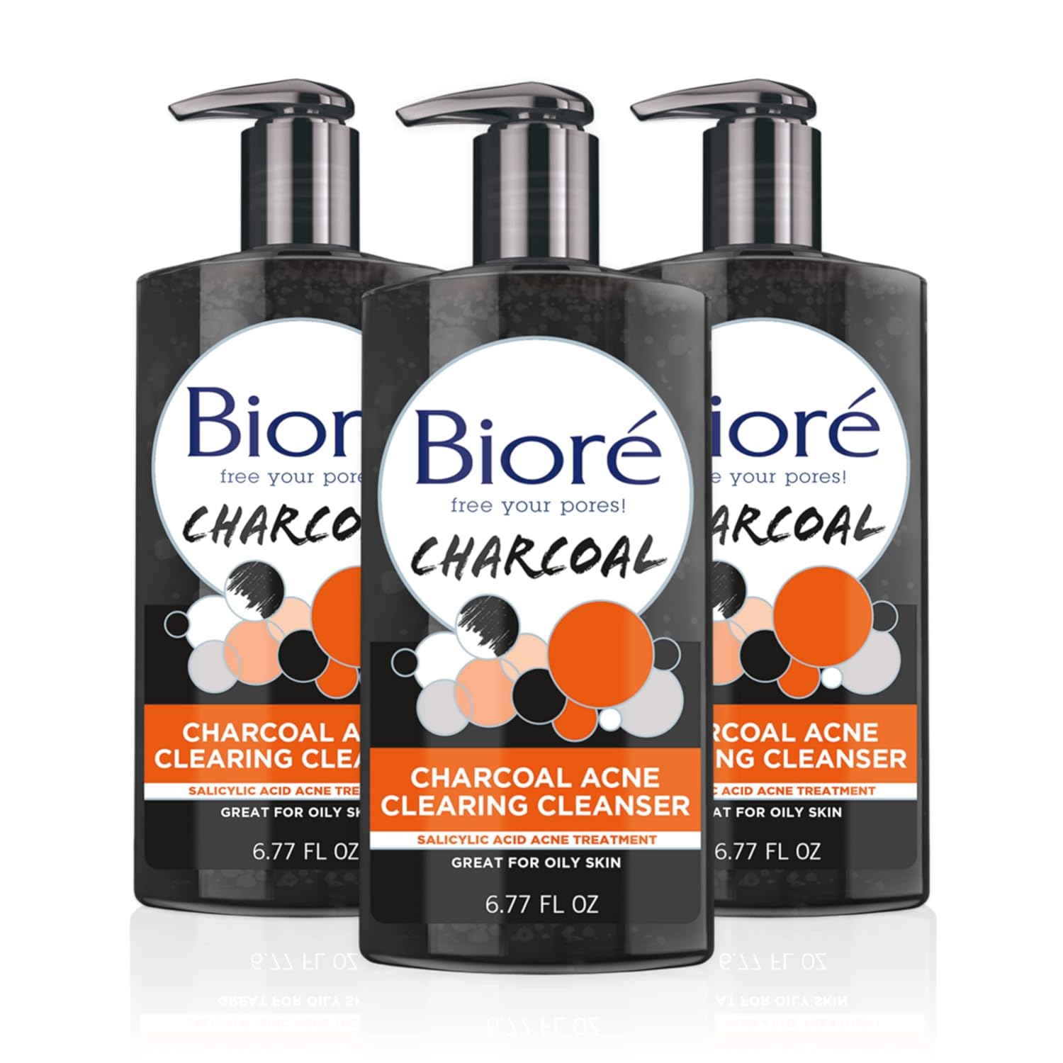 Bioré Charcoal Acne Clearing Facial Cleanser With 1% Salicylic Acid And Natural Charcoal, Helps Prevent Breakouts And Absorb Oil For Deep Pore Cleansing, 6.77 Ounce (3 Pack)