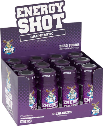 Muscle Moose ? Moose Juice Energy Shots | Caffeine Drink, BCAA & B Vitamins, Zero Sugar, Aspartame-free, Grapetastic, 60ml (12 Shots)