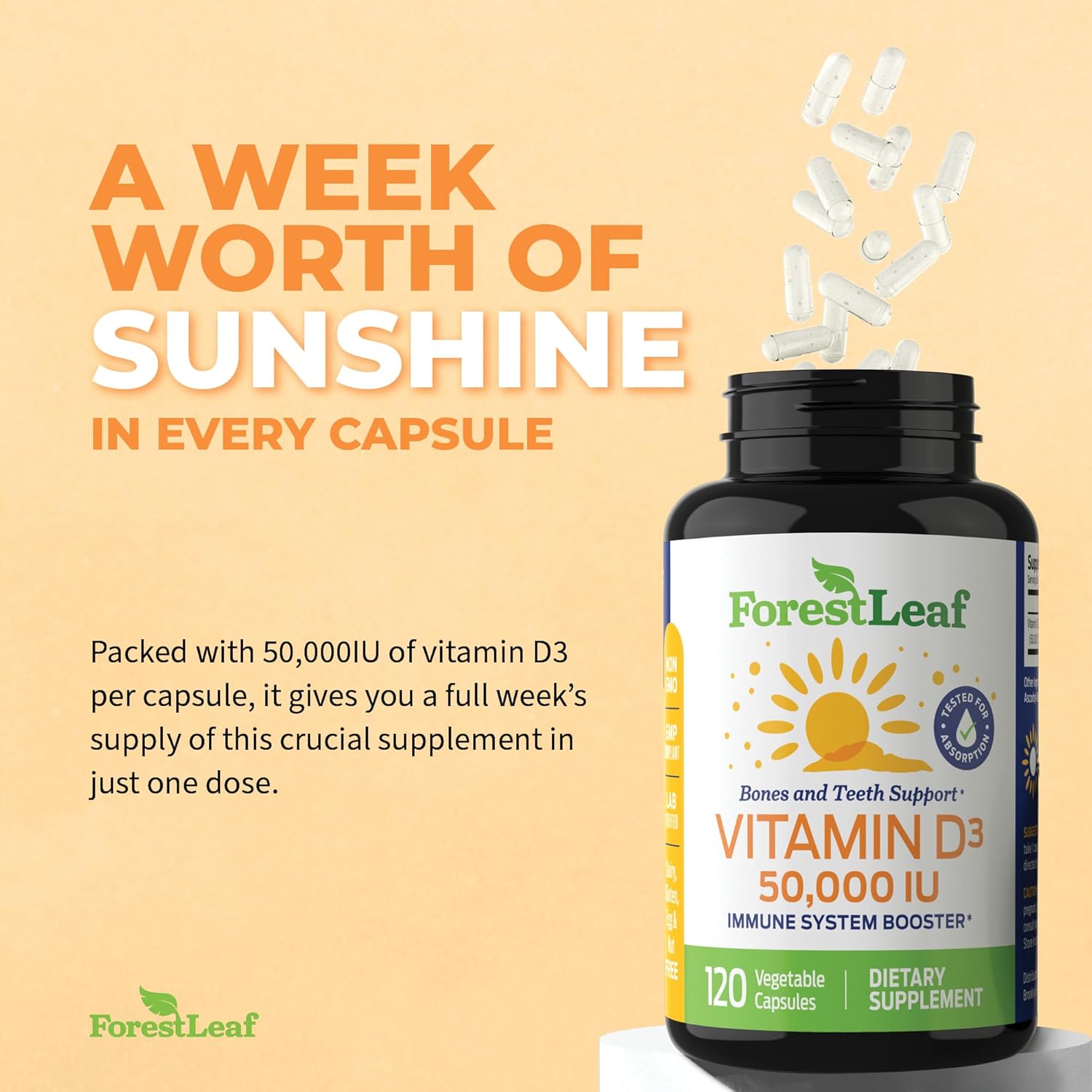 Forestleaf Vitamin D3 50000 Iu - Bone Health And Immune Support - Small Easy To Swallow Capsules - Non-Gmo Gluten Free Vit D - Vit D3 Vitamin D Supplements For Women And Men, 120 Count