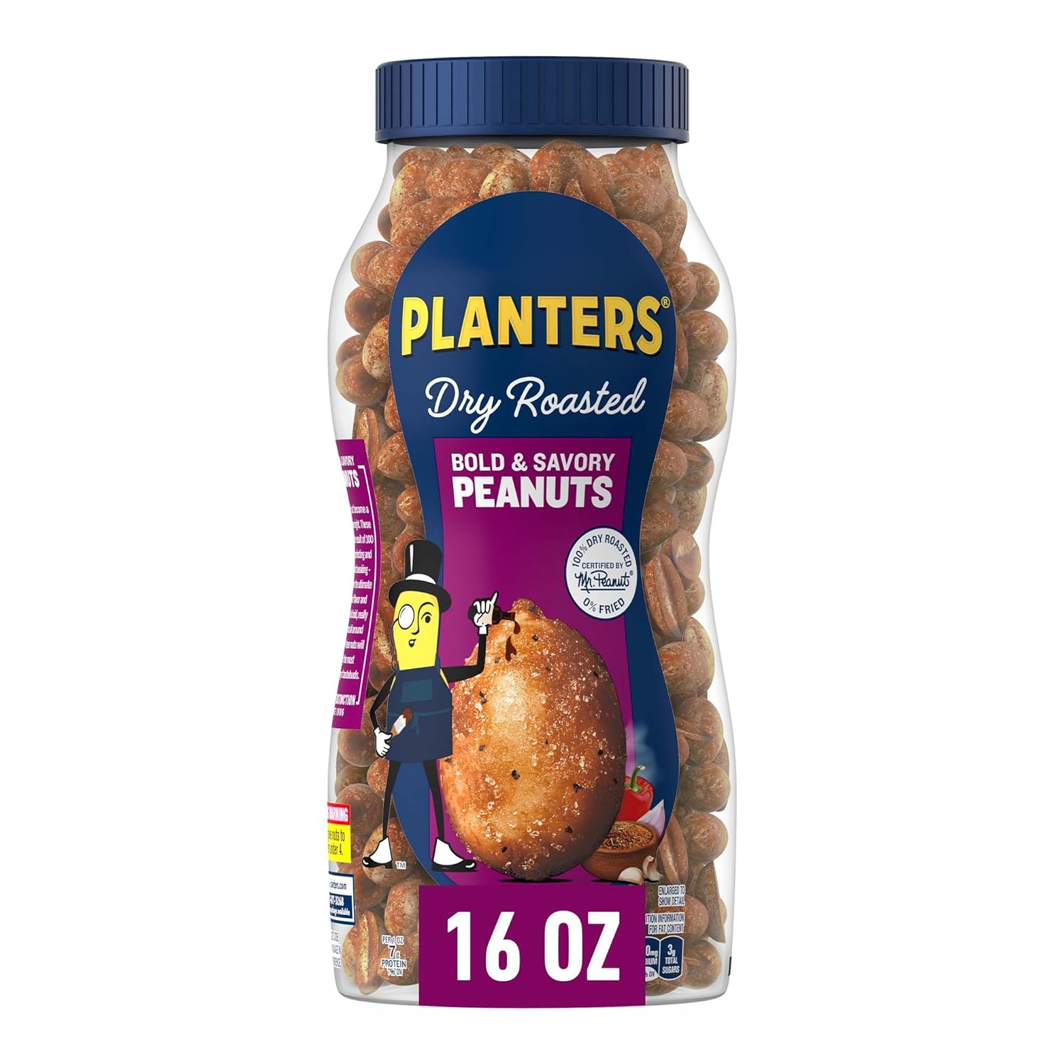 Planters Dry Roasted Bold & Savory Peanuts, Party Snacks, Plant-Based Protein, 16 Oz Jar