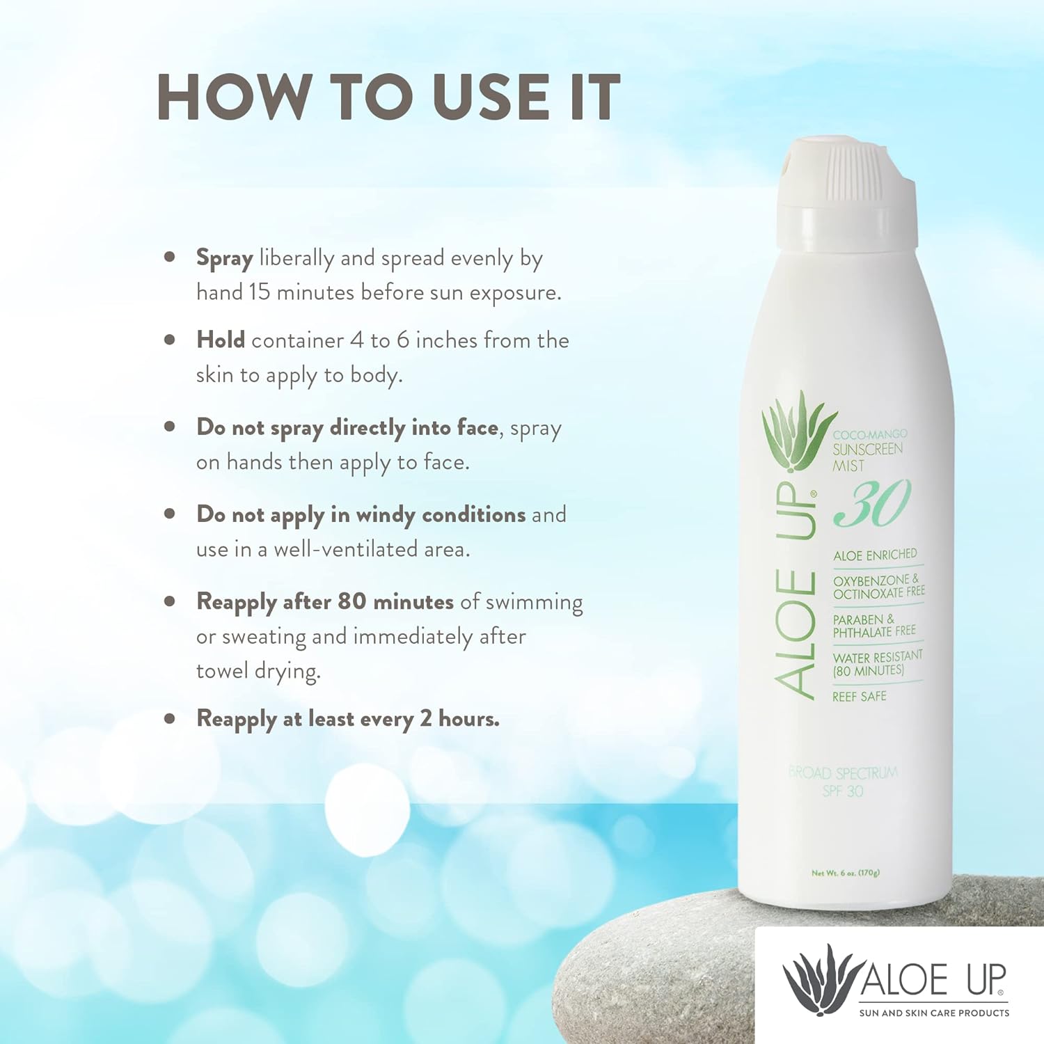 Aloe Up White Collection Continuous Sunscreen Spray SPF 30 - Broad Spectrum UVA/UVB Sunscreen Protector for Face and Body - With Moisturizing Aloe Vera Gel - Reef Safe - Coco-Mango Fragrance - 6 Fl Oz : Beauty & Personal Care