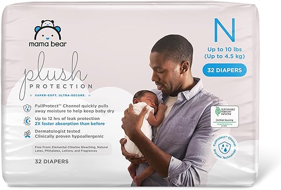 Mama Bear Plush Protection Diapers - Size Newborn, 32 Count, Hypoallergenic Premium Disposable Baby Diapers, White and Cloud Dreams