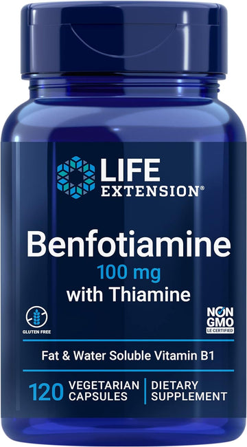 Life Extension Benfotiamine With Thiamine, 100 Mg - Water & Fat Soluble Vitamin B1 Supplement For Glucose Blood Sugar Level And Nerve Health Support - Gluten-Free, Non-Gmo, Vegetarian - 120 Capsules