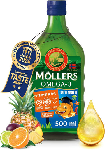 Moller’s ® | Omega 3 for kids Cod Liver Oil | Nordic Omega-3 Dietary Supplements with EPA, DHA, Vitamin A, D & E | Pure, Natural cod Liver Oil Liquid | 166-year-old-brand | Tutti Frutti Taste | 500 ml