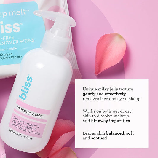 Bliss Makeup Melt Jelly Cleanser/Remover - 6.4 Fl Oz - Super-Gentle - Soothing Rose Flower - Vegan & Cruelty Free
