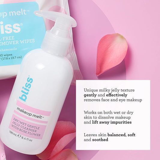 Bliss Makeup Melt Jelly Cleanser/Remover - 6.4 Fl Oz - Super-Gentle - Soothing Rose Flower - Vegan & Cruelty Free