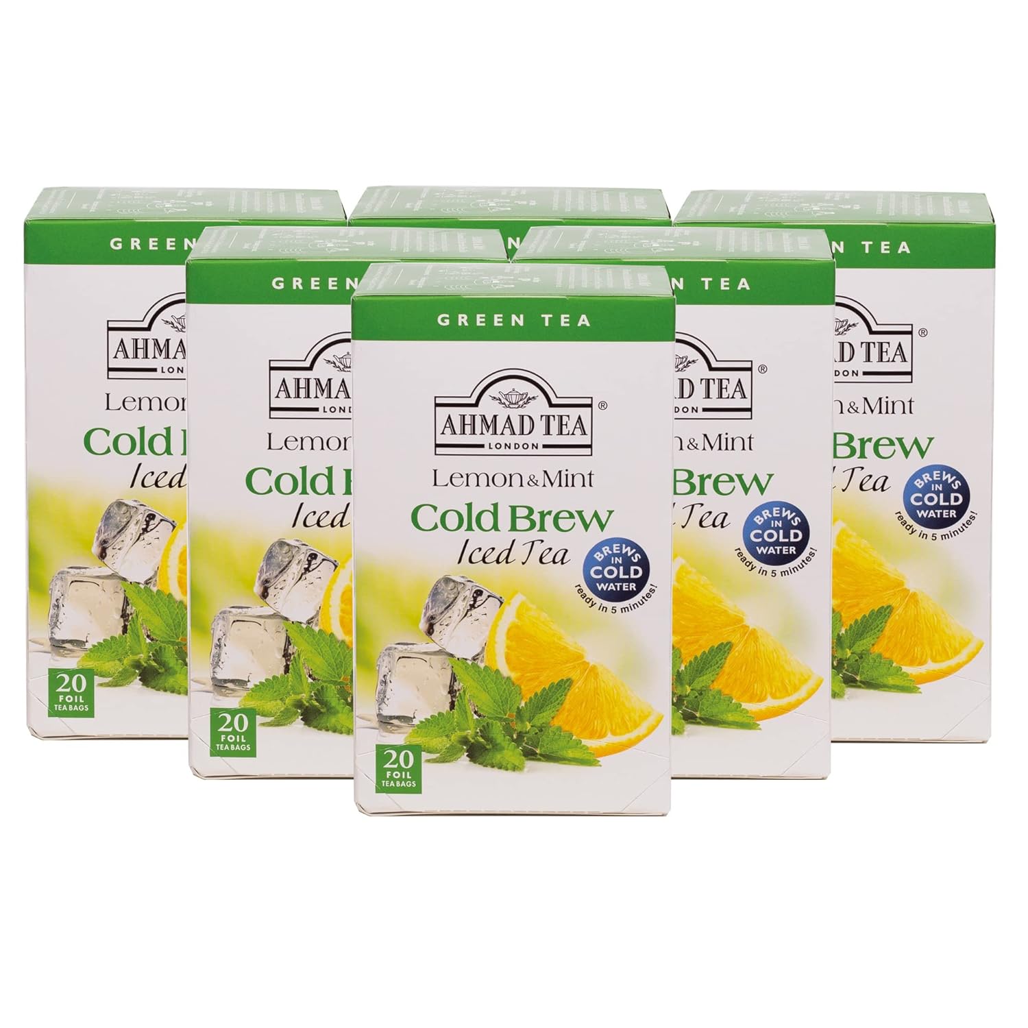 Ahmad Tea Green Tea, Cold Brew Lemon And Mint Teabags, Iced Tea, 20 Ct (Pack Of 6) - Caffeinated And Sugar-Free