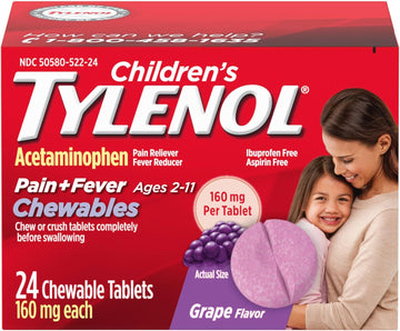 Children'S Tylenol Chewables With 160 Mg Acetaminophen, Pain Reliever & Fever Reducer For Kids' Cold + Flu Symptoms, Headache, Sore Throat & Toothache, Aspirin-Free, Grape Flavor, 24 Ct