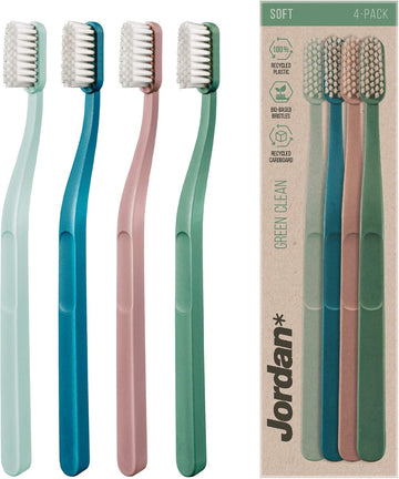 Jordan ® | Green Clean Manual Toothbrush | Award Winning Sustainable Toothbrush Made From Recycled Materials | Eco-Friendly | Scandinavian Design | Soft Bristles | Mixed Colour | Pack 4 Units