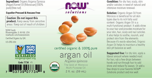 Now Foods Solutions, Organic Argan Oil, Certified Organic And 100% Pure, "Gold Of Morocco" Multi-Purpose Oil, 2-Ounce