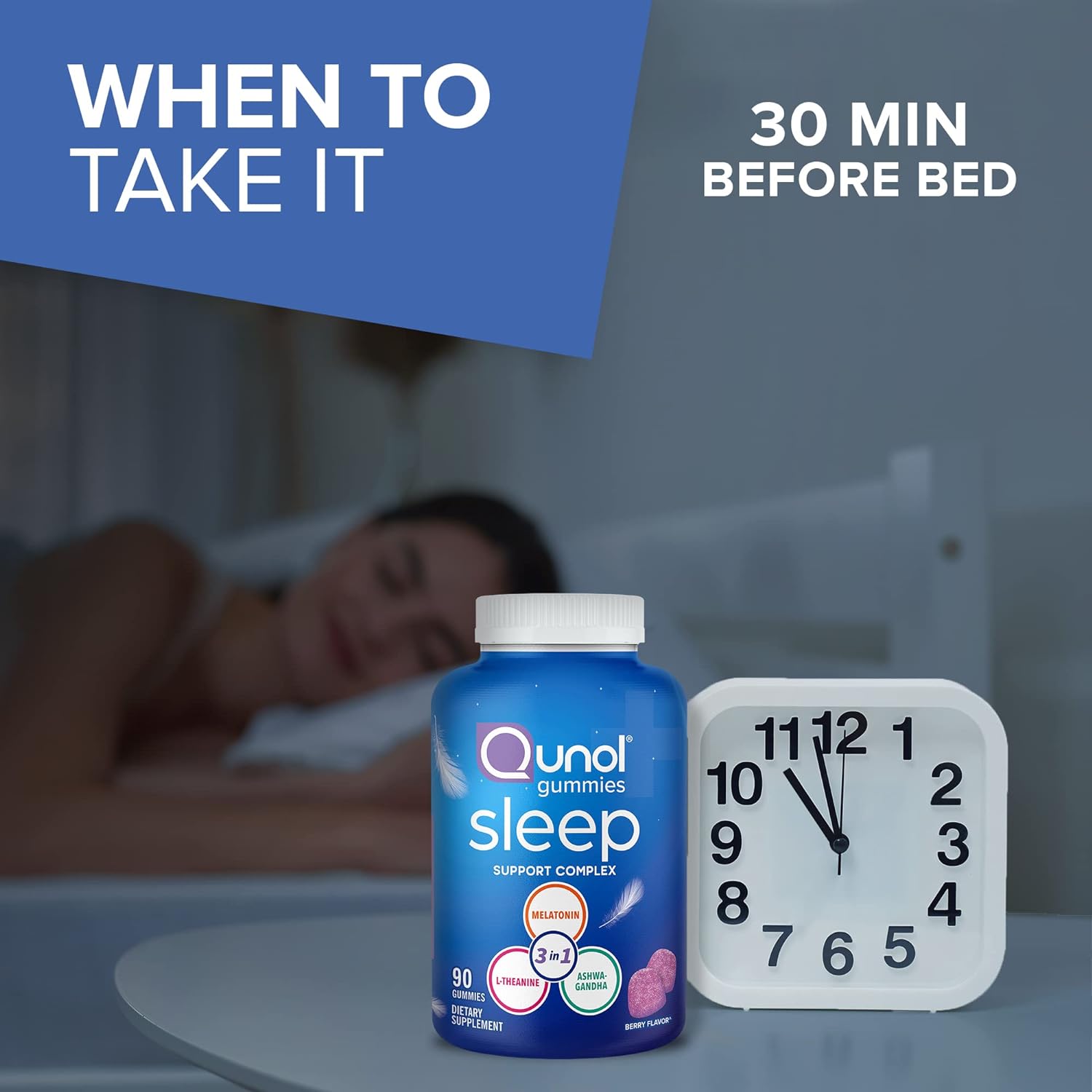 Qunol Sleep Gummies for Adults, 3-in-1 Melatonin Gummies, Sleep Aid Featuring Melatonin 5mg, Ashwagandha and L-Theanine, Fall Asleep Faster and Stay Asleep Longer to Wake Up Refreshed, 90 Count : Health & Household