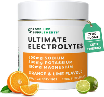 Ultimate Electrolytes Powder, 500Mg Sodium, 500Mg Potassium, 150Mg Magnesium, 150G - 30 Servings, Pink Himalayan Salt For Hydration, Orange & Lime Flavour, Sweetened With Stevia- Love Life Supplements