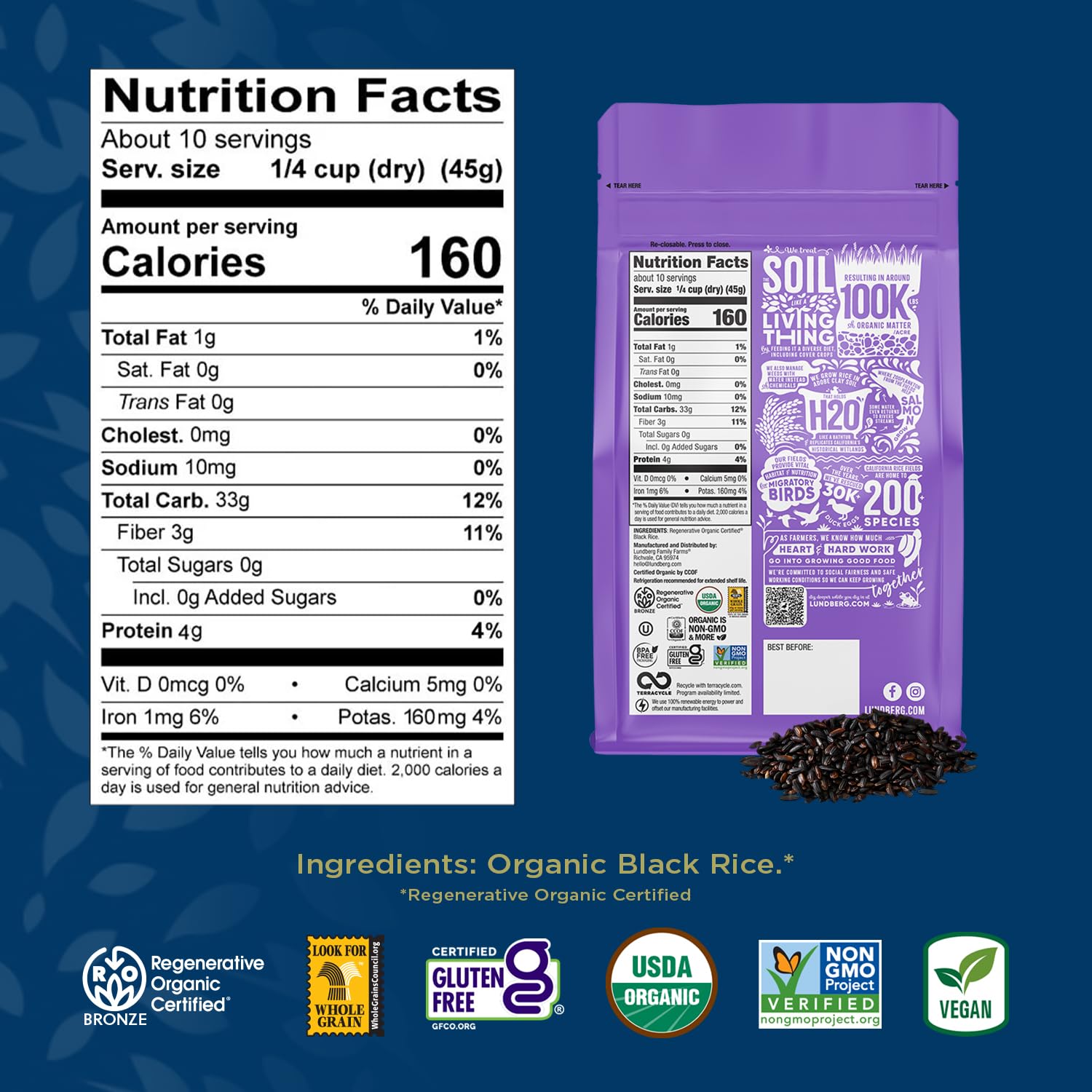 Lundberg Black Pearl Rice, Regenerative Organic Certified – Full-Bodied Black Rice, Responsibly Grown In California, 16 Oz