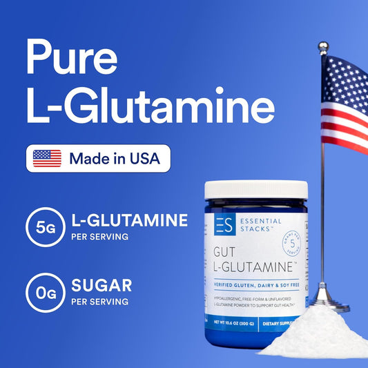 Essential Stacks Gut L-Glutamine Powder - Made In Usa - Pure L Glutamine Powder For Gut Health - Dairy, Soy & Gluten Free, Non-Gmo, Vegan Glutamine Supplement