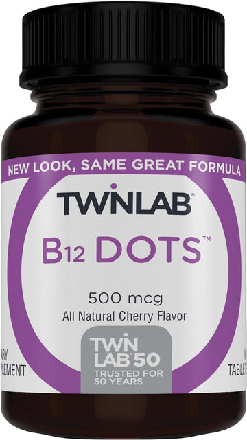 Twinlab B12 Dots - Vegetarian Vitamin B12 Sublingual Natural Energy Pills - for Nerve & Brain Health, Energy Boost & Daily Immune Support - 500mcg, Cherry Flavor 100 Lozenges, 1 Pack