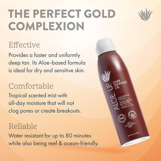 Aloe Up SPF 4 Dark Tanning Oil - Body and Face Tanning Continuous Spray for Outdoor Sun - With Sunscreen, Pure Aloe Vera, and Natural Oils - Dries Clear - Reef Friendly - Fresh Tropical Scent - 6 Oz