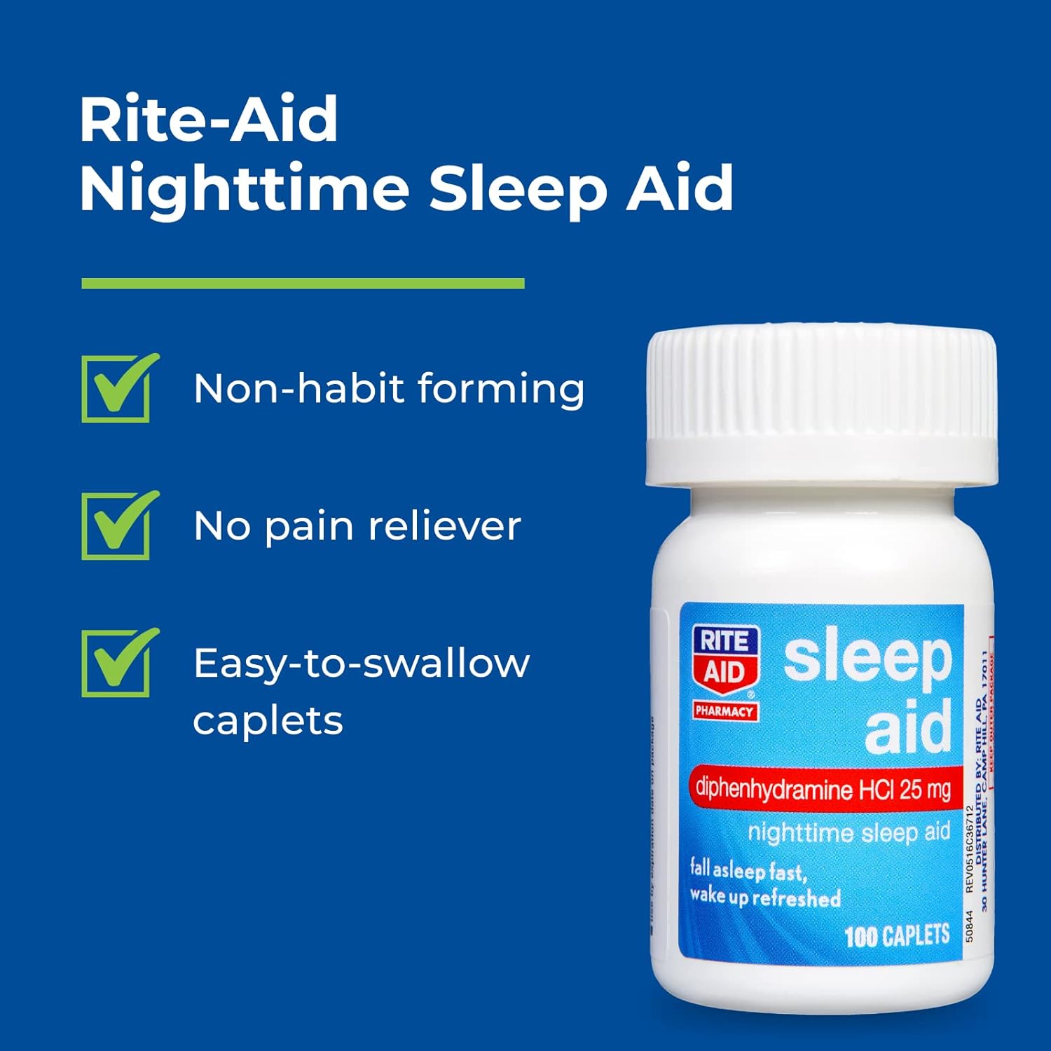 Rite Aid Nighttime Sleep Aid Diphenhydramine HCI 25 mg, 100 Mini Caplets | Non-Habit Forming Sleep Supplement | Natural Sleep Aid : Health & Household