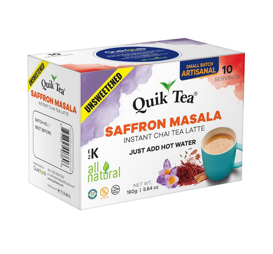 Quiktea Unsweetened Saffron Masala Chai Tea Latte Powder- 10 Count Single Box - All Natural Sugar Free Instant Chai Tea Mix- Just Add Hot Water (Regular) | Healthy Coffee Alternative