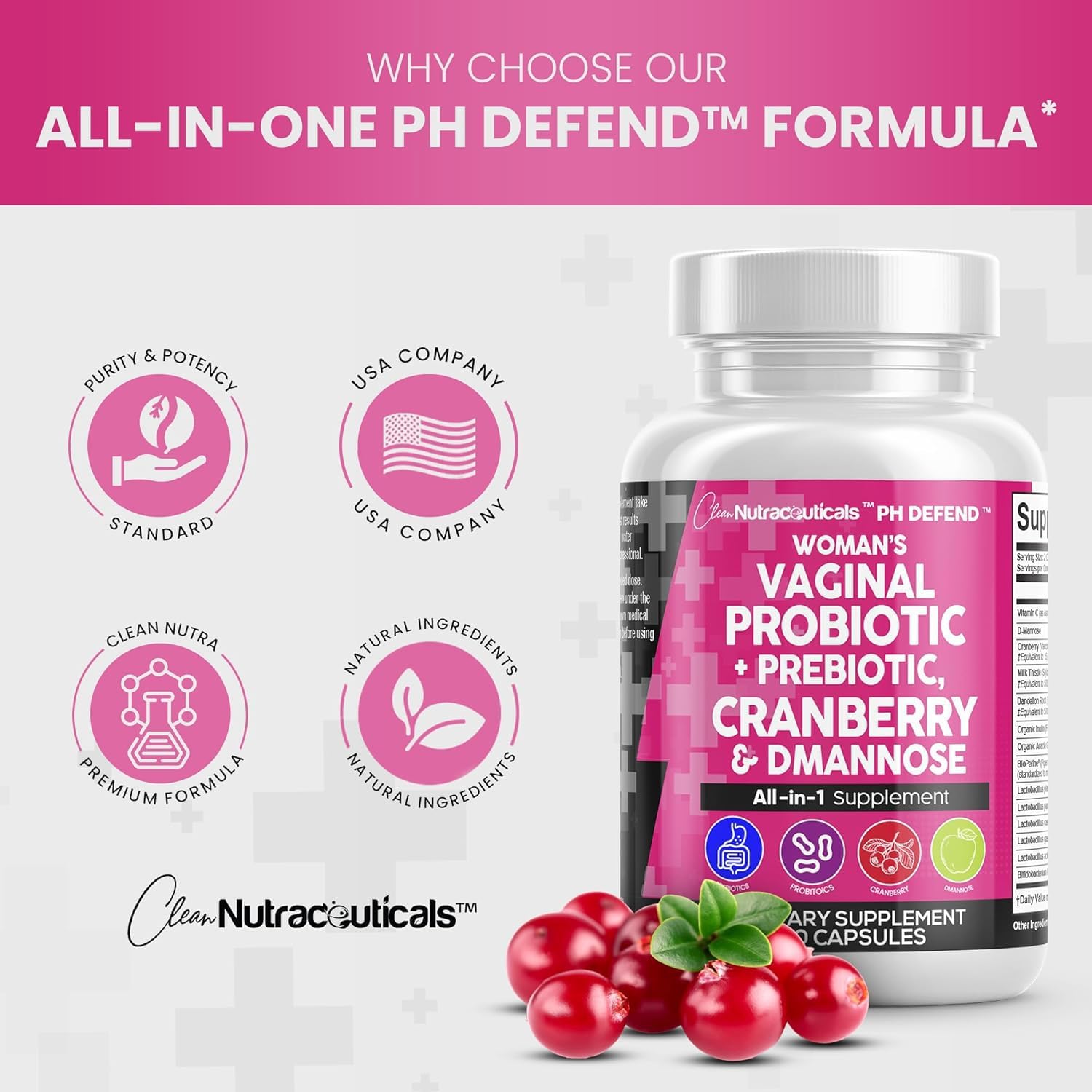 Vaginal Probiotics For Women + Prebiotics 20 Billion Cranberry Pills 30,000mg w/ D-Mannose 500 mg for Urinary Tract Health pH Balance - Womens Probiotic Vitamins for Vaginal Health Supplements Pills : Health & Household