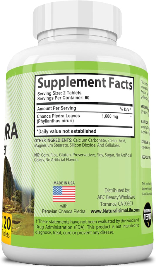 NaturalisimoLife Chanca Piedra 1600 mg - 120 Tablets Kidney Stone Crusher Gallbladder Support Peruvian Chanca Piedra Made in The USA