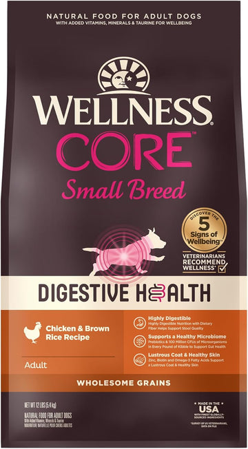 Wellness Core Digestive Health Dry Dog Food With Wholesome Grains, Highly Digestible, For Dogs With Sensitive Stomachs, Made In Usa With Real Protein (Small Breed, Chicken & Brown Rice, 12-Pound Bag)