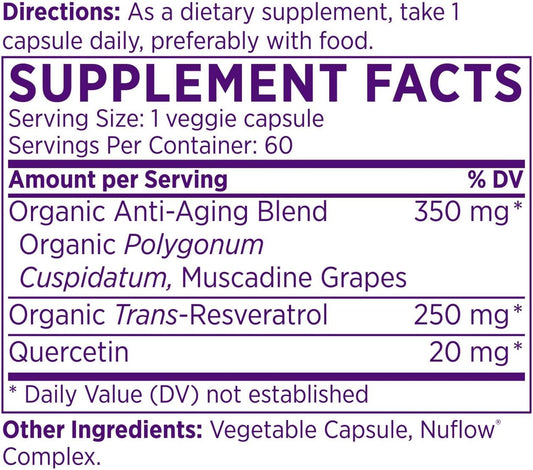 NAOMI Organic Trans Resveratrol Supplement 250mg with Quercetin, Muscadine Grapes, Antioxidant Support, High Absorption, 60 Veggie Capsules